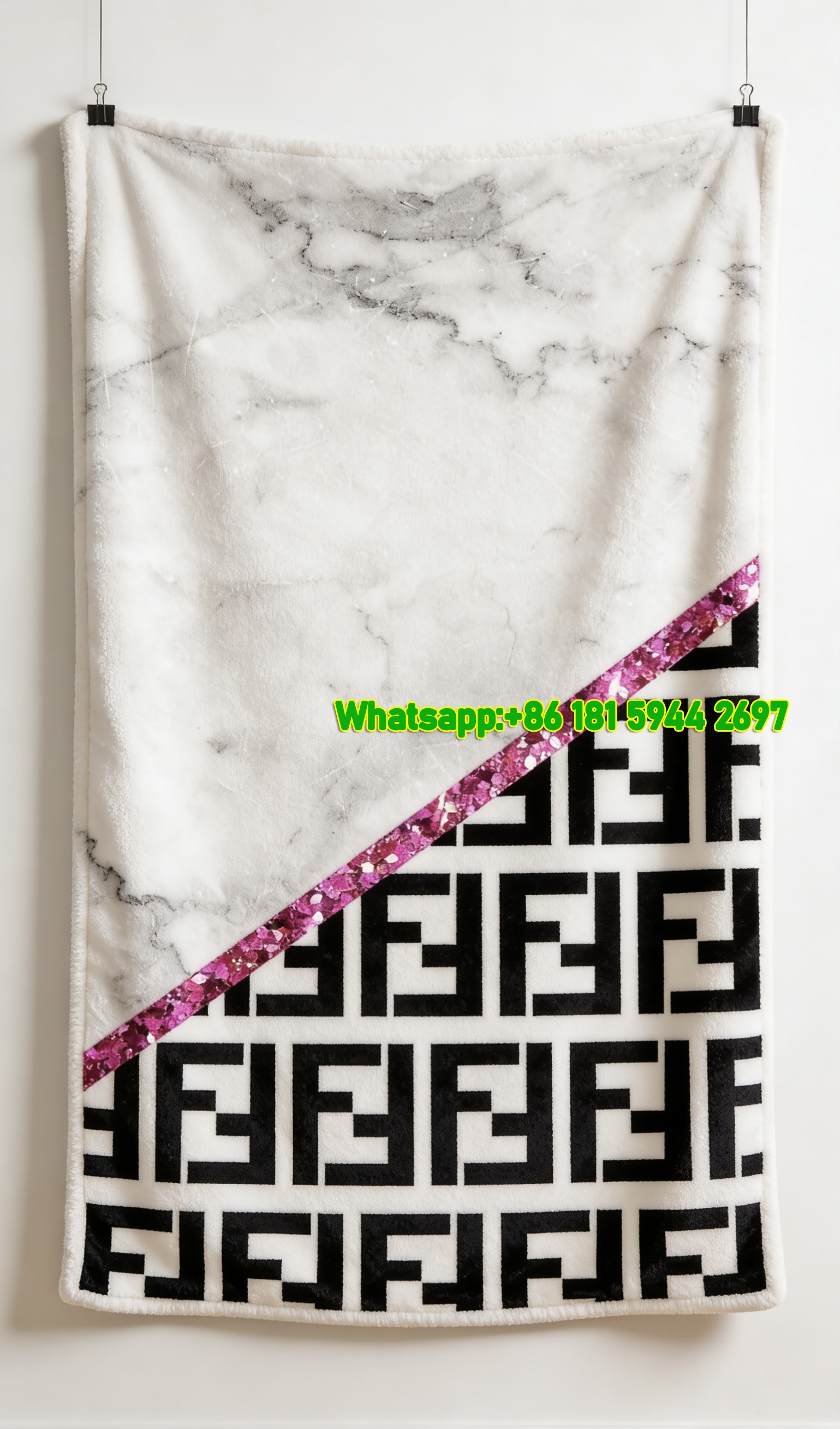 Fendi Marble & Pink Glitter FF Monogram Flannel Sofa Throw Blanket IMG_9415